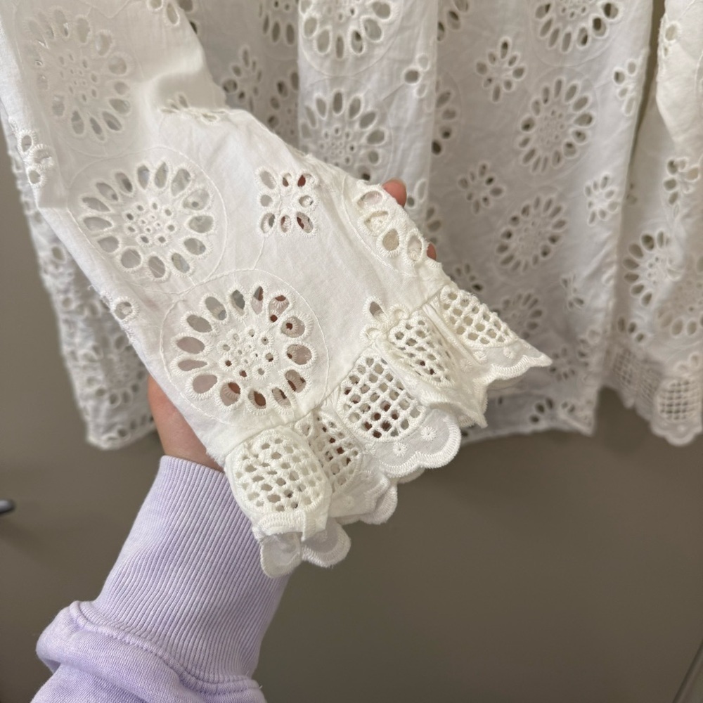 Zara Eyelet white cotton long sleeve blouse size medium Victorian summer coastal - Picture 4 of 10